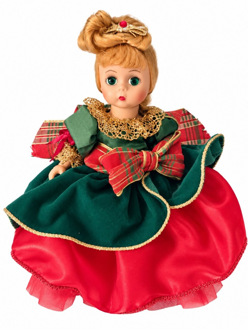 Vintage Christmas Doll 9" Green Velvet Red Plaid Holiday Dress Sleep Eyes